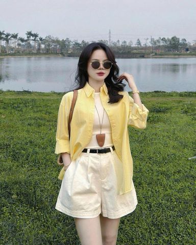 KS0425-Set áo sơ mi +áo thun+quần short kaki + nịt CC (áo Vàng)