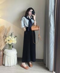 VGU9649-Set 3 món ( áo sơ mi xanh+quầng suông đen+ khăn choàng)