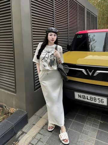 TQ4026-Set áo thun in hình, CV dài Trắng
