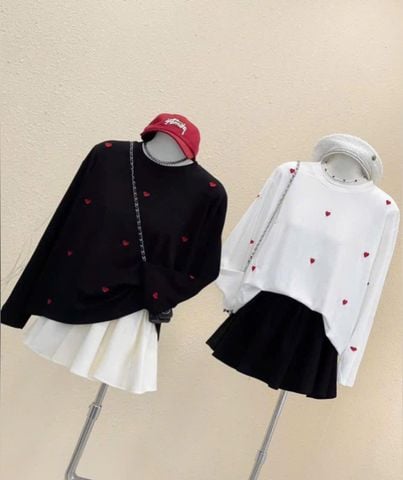VGU9634-Set thun áo tay dài thêu tim , CV xếp ly Kem (áo Đen)