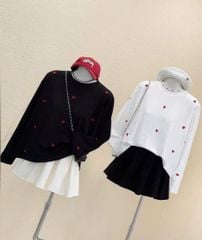 VGU9635-Set thun áo tay dài thêu tim , CV xếp ly Đen (áo Trắng)