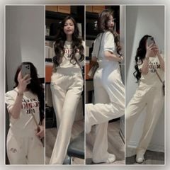 VGU9700-Set áo thêu chữ tay bo, quần suông Kem