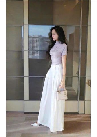 KS0417-Set basic áo xếp ly vai, quần suông Kem (áo tím)