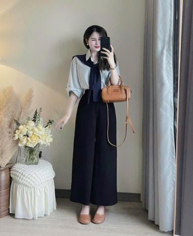 VGU9649-Set 3 món ( áo sơ mi xanh+quầng suông đen+ khăn choàng)