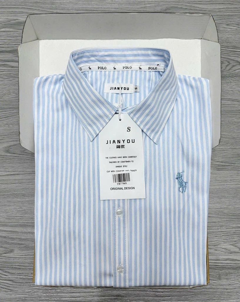 TB7796-Áo sơ mi tay dài thêu họa tiết sọc Xanh