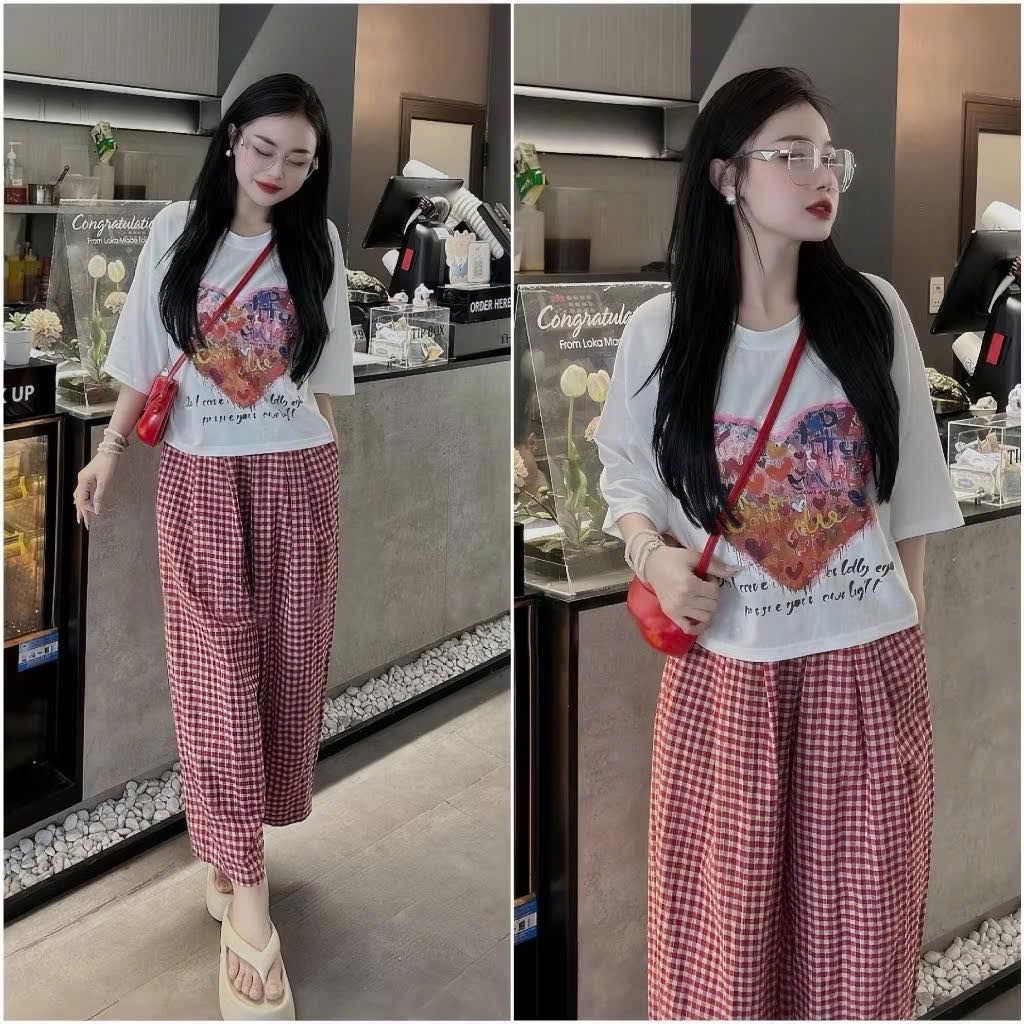 KS0437 SET ÁO THUN IN QUẦN CARO DÀI