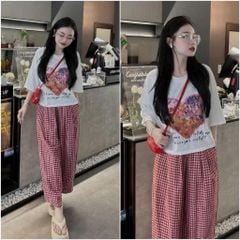 KS0437 SET ÁO THUN IN QUẦN CARO DÀI