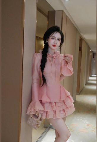 VGU9698 SET ÁO CỔ BÈO, CV TẦNG (HỒNG)