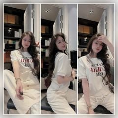 VGU9700-Set áo thêu chữ tay bo, quần suông Kem