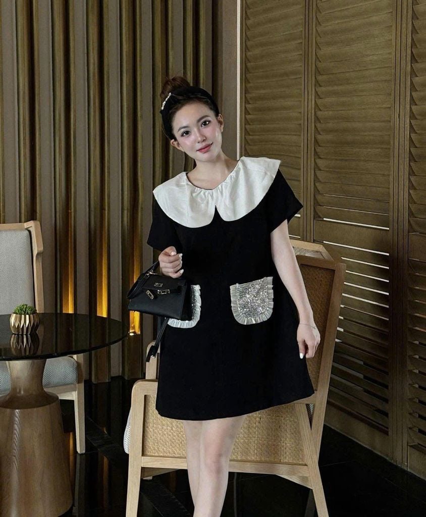 TQ4043-Đầm suông phối túi kim tuyến Đen