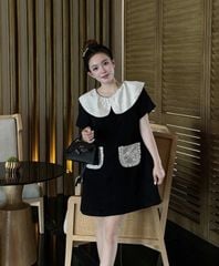 TQ4043-Đầm suông phối túi kim tuyến Đen