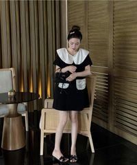 TQ4043-Đầm suông phối túi kim tuyến Đen
