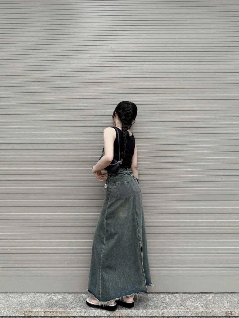 VGU9707-Chân váy jean lai tua rua Xanh (cv lẻ)