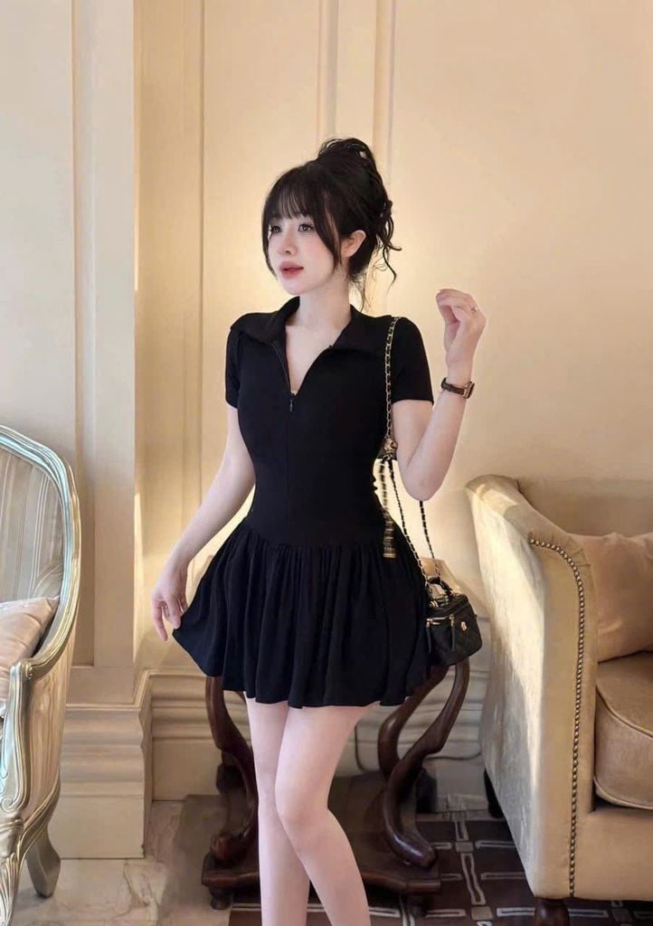 SKY7856-Đầm thun body tùng xòe Đen