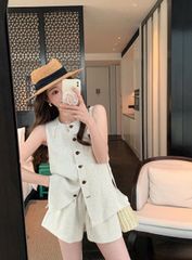 VRA0479-Set áo sát nách, quần short Kem