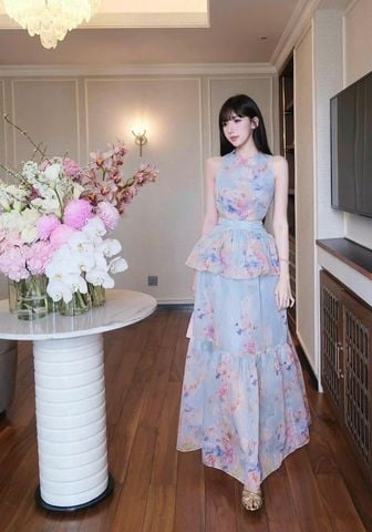 VGU9762 ĐẦM HOA MAXY ( XANH )