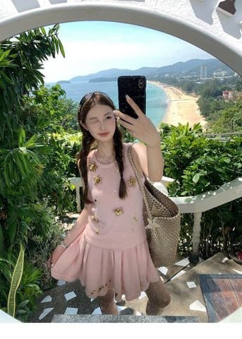 VGU9764 SET LEN ĐÍNH HOA + CHÂN VÁY ( HỒNG  )