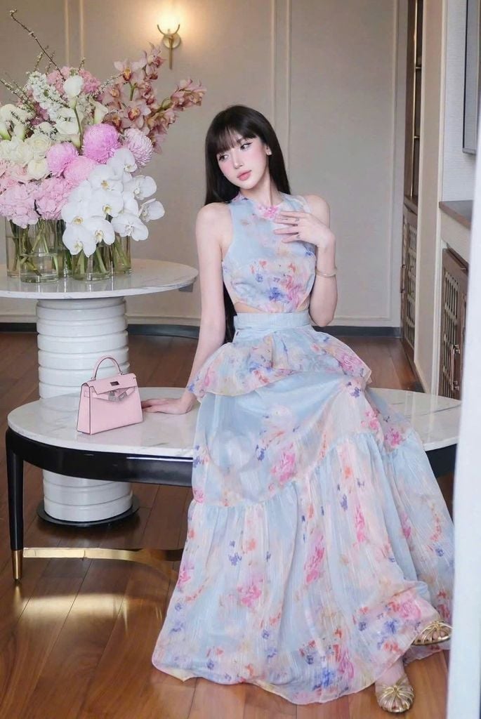 VGU9762 ĐẦM HOA MAXY ( XANH )