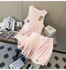 VGU9763 SET LEN ĐÍNH HOA + CHÂN VÁY ( NÂU)