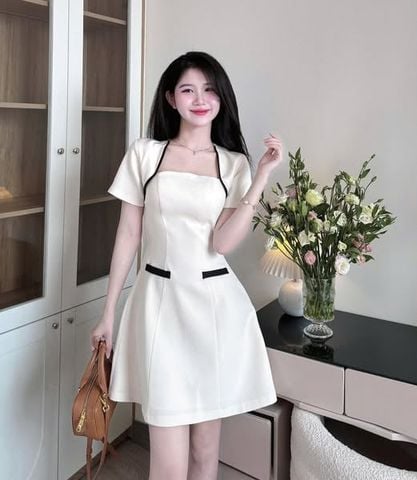 VRA0496-Đầm ngắn phối viền Kem