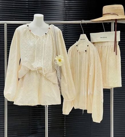 VRA0494-Set xô thêu CC, áo kiểu tay dài + quần short