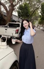 TQ1737-Set công cở áo sơ mi cột nơ cổ, CV dài xếp ly (áo Xanh)