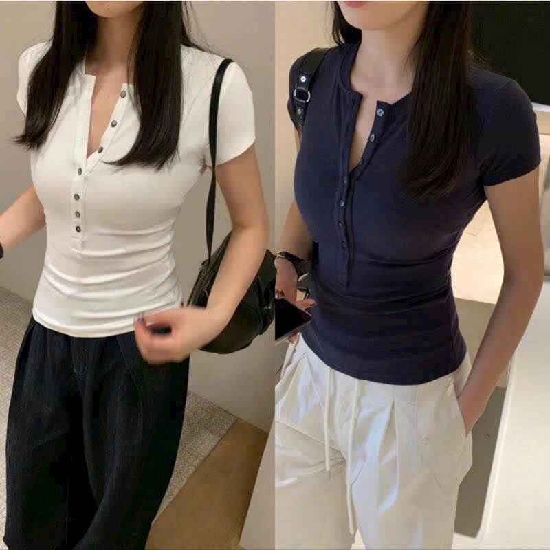 TB7843 ÁO THUN ĐÍNH NÚT ( ĐEN )