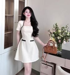VRA0496-Đầm ngắn phối viền Kem