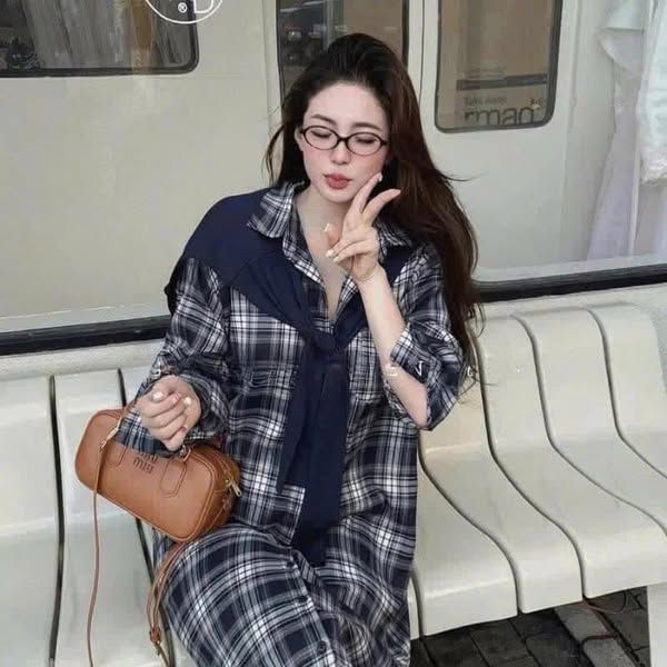 TQ4061-Đầm sơ mi suông +khăn choàng