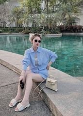 TQ4065-Set sọc áo sơ mi tay dài+quần short thêu chữ Xanh