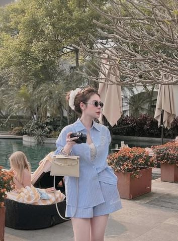TQ4065-Set sọc áo sơ mi tay dài+quần short thêu chữ Xanh