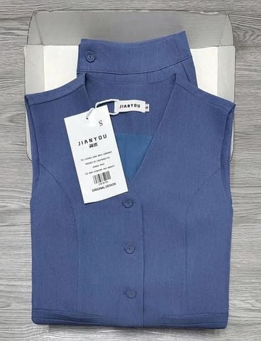 TB7875-Set TK CC áo gile nút bọc, CV dài Xanh Đậm