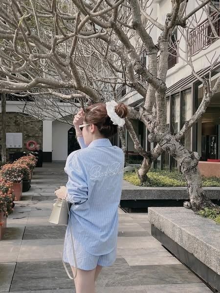 TQ4065-Set sọc áo sơ mi tay dài+quần short thêu chữ Xanh