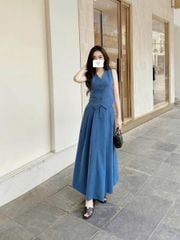 TB7875-Set TK CC áo gile nút bọc, CV dài Xanh Đậm