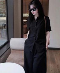 TQ4068-Set basic áo sơ mi tay ngắn, quần suông Đen