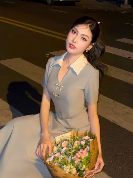 KS0486-Đầm dài phối cổ + tag Nơ Kem
