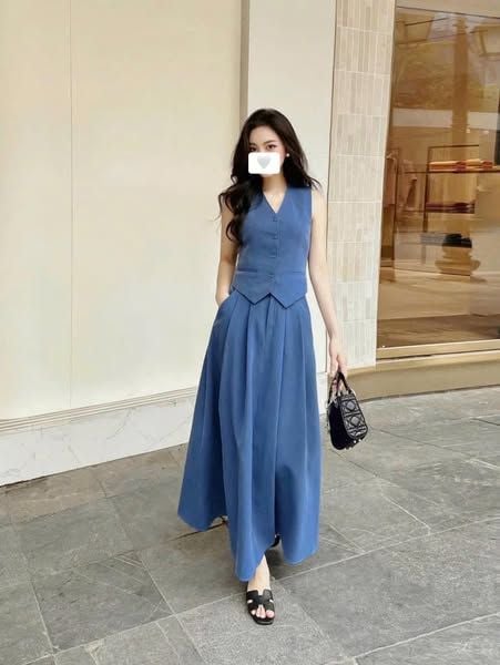 TB7875-Set TK CC áo gile nút bọc, CV dài Xanh Đậm