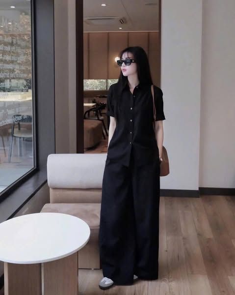 TQ4068-Set basic áo sơ mi tay ngắn, quần suông Đen