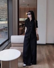 TQ4068-Set basic áo sơ mi tay ngắn, quần suông Đen