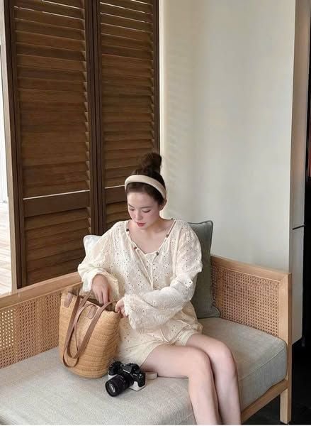 VRA0494-Set xô thêu CC, áo kiểu tay dài + quần short