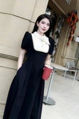 TQ1741-Đầm dài ngực phối viền ren+tag hoa Đen
