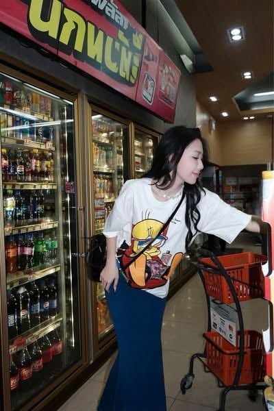 SKY7942-Set áo thun trắng in hình, CV dài Xanh