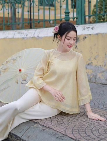 SKY7905 SET ÁO THẮT NƠ NÚT NGỌC, QUẦN DÀI (VÀNG)