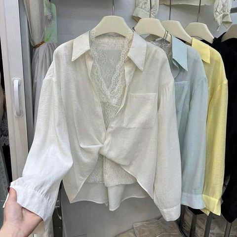 VGU9861 ÁO SƠMI XOẮN EO + ÁO REN (VÀNG -2 món)