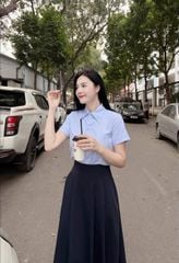 TQ1737-Set công cở áo sơ mi cột nơ cổ, CV dài xếp ly (áo Xanh)