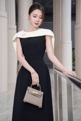 TQ1744-Đầm TK tay kiểu phối choàng+tag bướm Đen