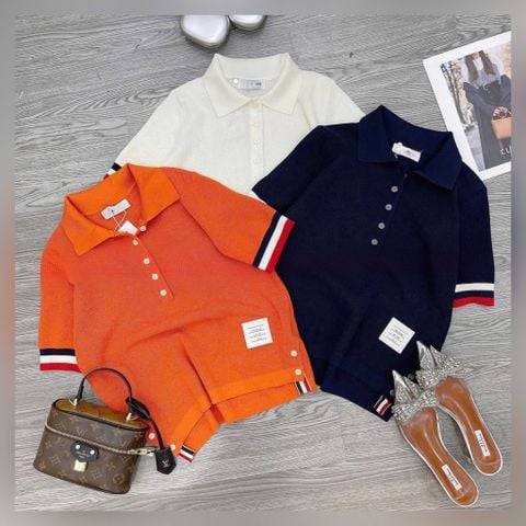 VGU9827-Áo len cổ polo tay phối sọc Cam (áo lẻ)