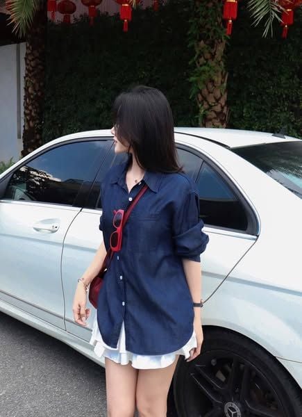 KS0509-Set áo sơ mi jean phối túi, CV tầng Trắng