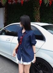KS0509-Set áo sơ mi jean phối túi, CV tầng Trắng