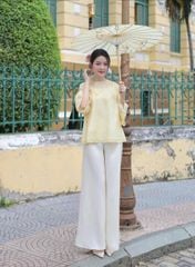 SKY7905 SET ÁO THẮT NƠ NÚT NGỌC, QUẦN DÀI (VÀNG)